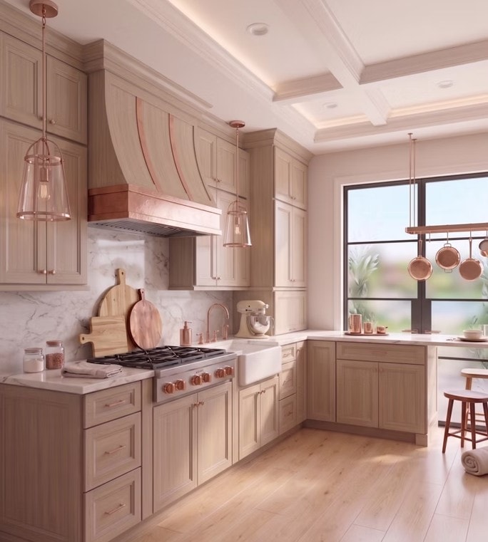Champagne Mist kitchen with rose gold accents