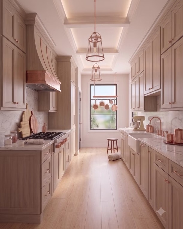 Champagne Mist galley kitchen with champagne cabinetry and pendant lights