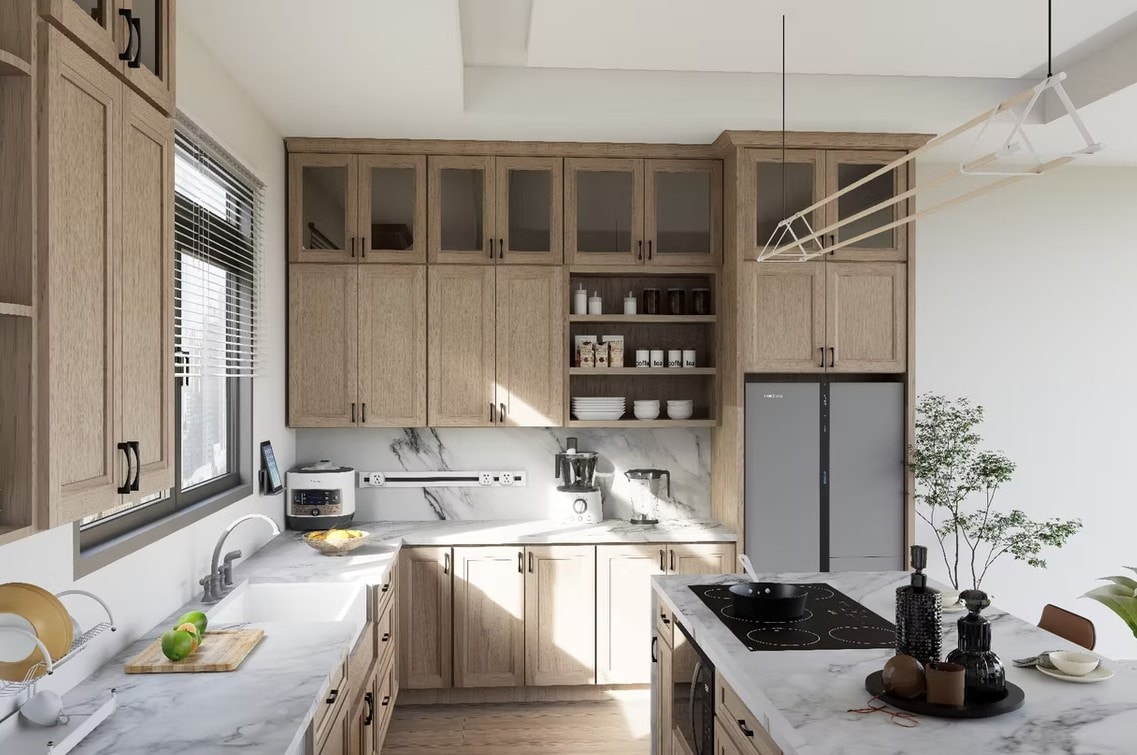 L-shaped European White Oak kitchen with glass upper cabinets and refrigerator