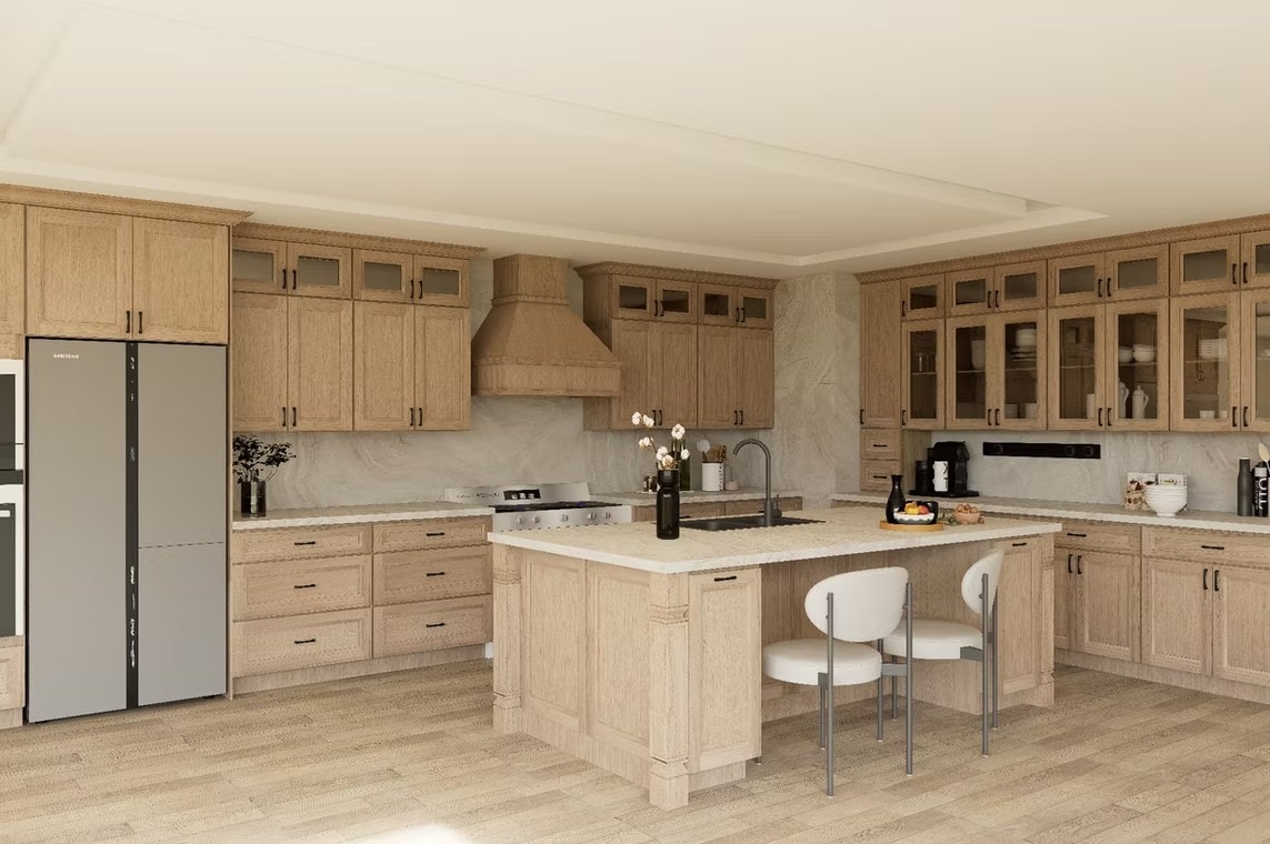 Spacious European White Oak kitchen with island and modern white chairs