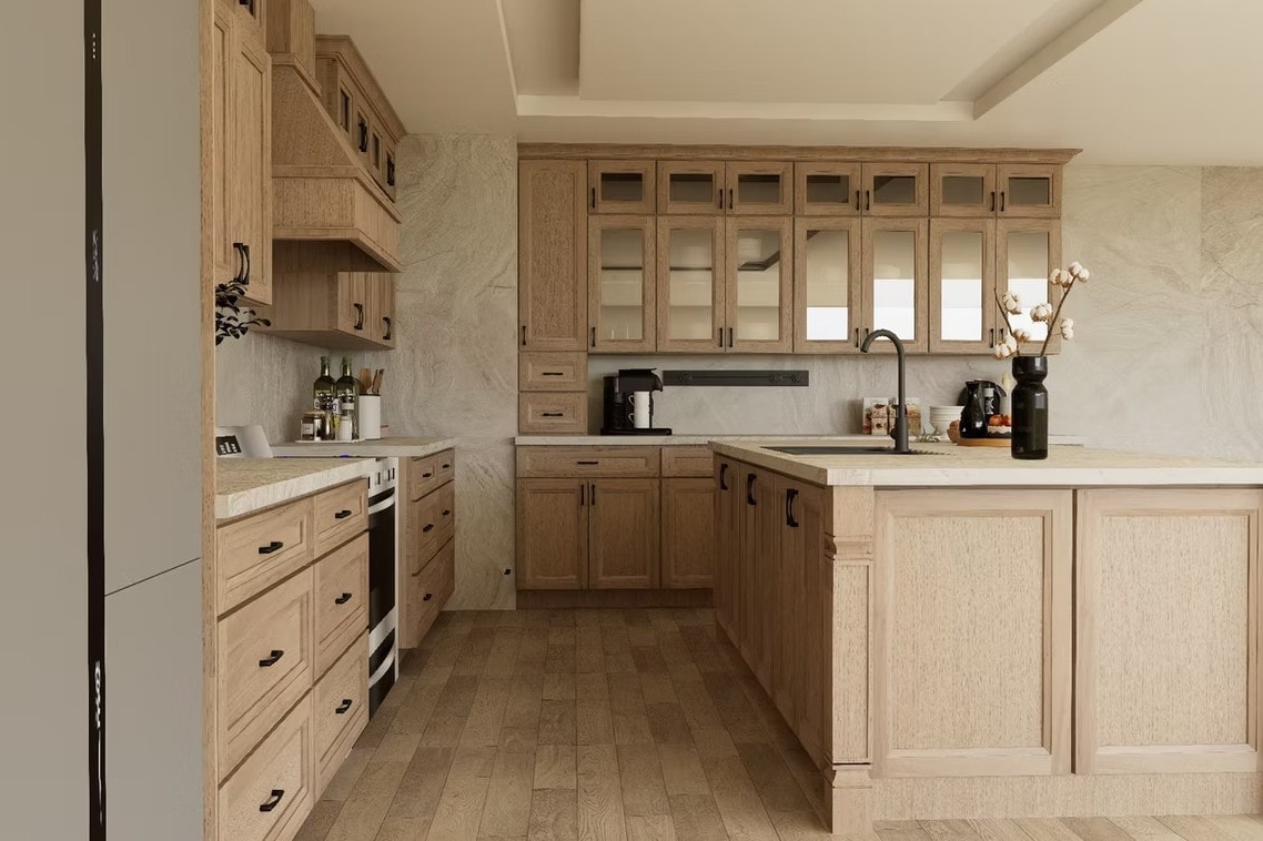European White Oak kitchen with marble backsplash and stainless steel appliances