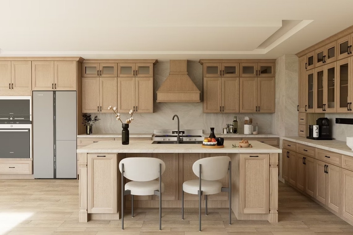 Front view of European White Oak kitchen with center hood and island seating