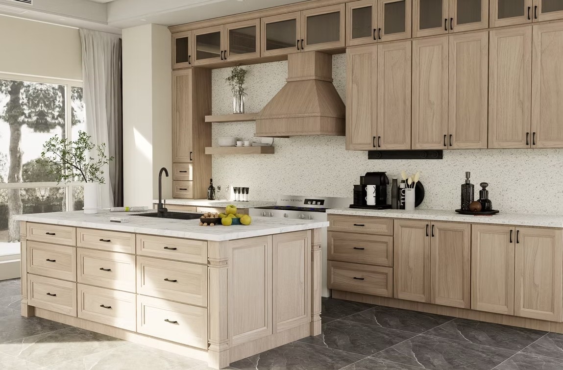 European White Oak kitchen with glass upper cabinets and hardwood floor