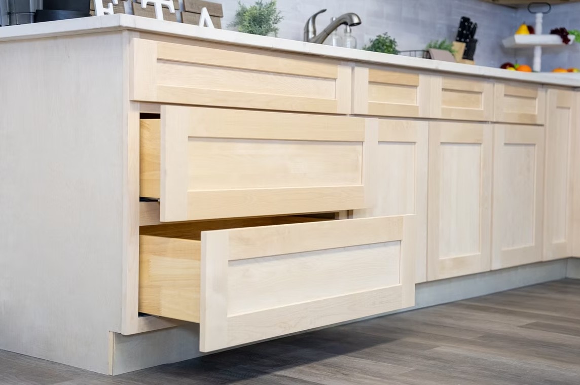 Detail of open Versa Shaker drawers showing interior wood construction